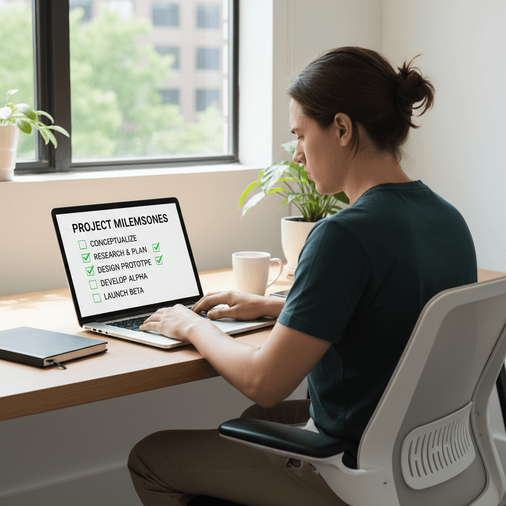 Person reviewing a clear action plan on laptop