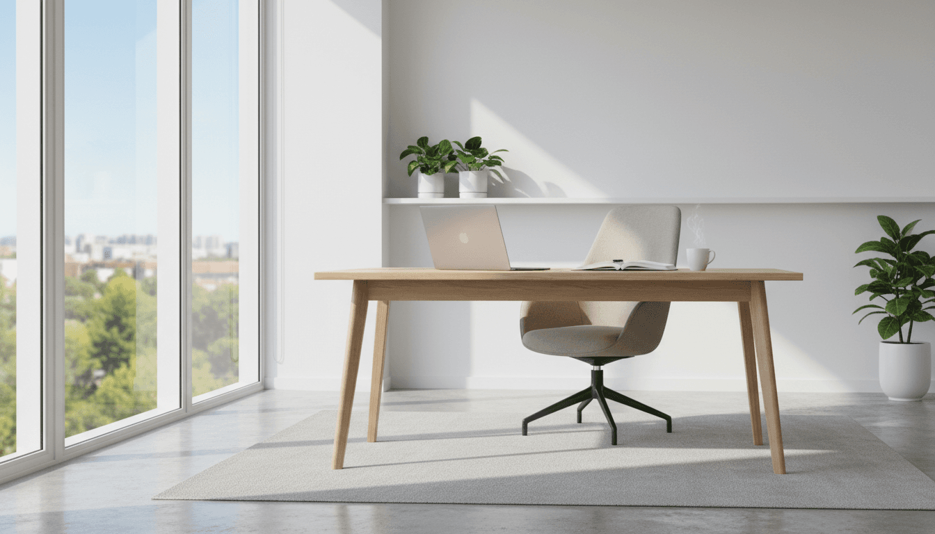 Person working at laptop in bright modern home office with coffee cup and notebook on desk