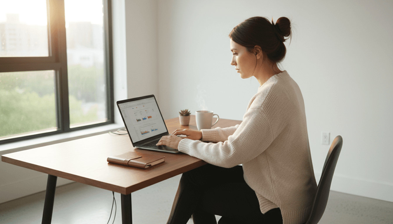 Person working at desk with laptop in bright modern workspace