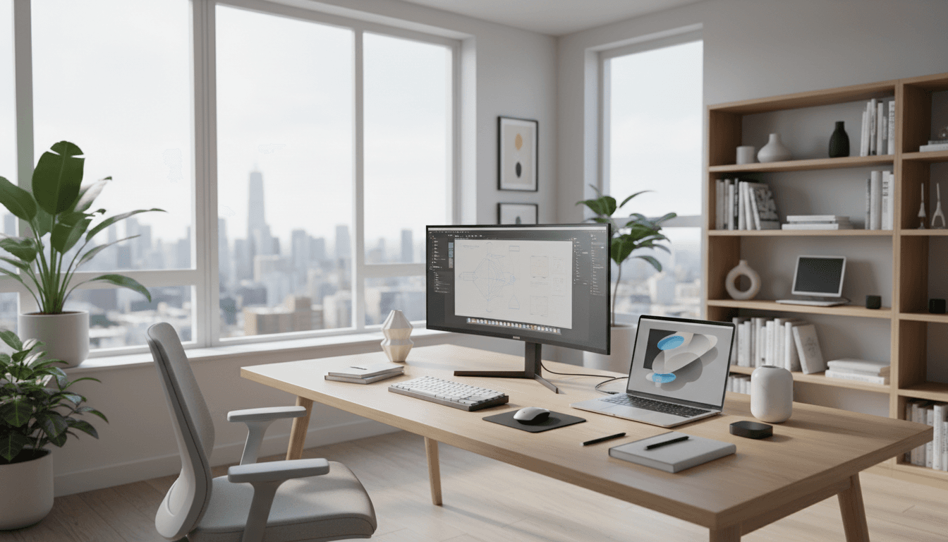 Professional working at laptop in a bright, organized home office space with natural light