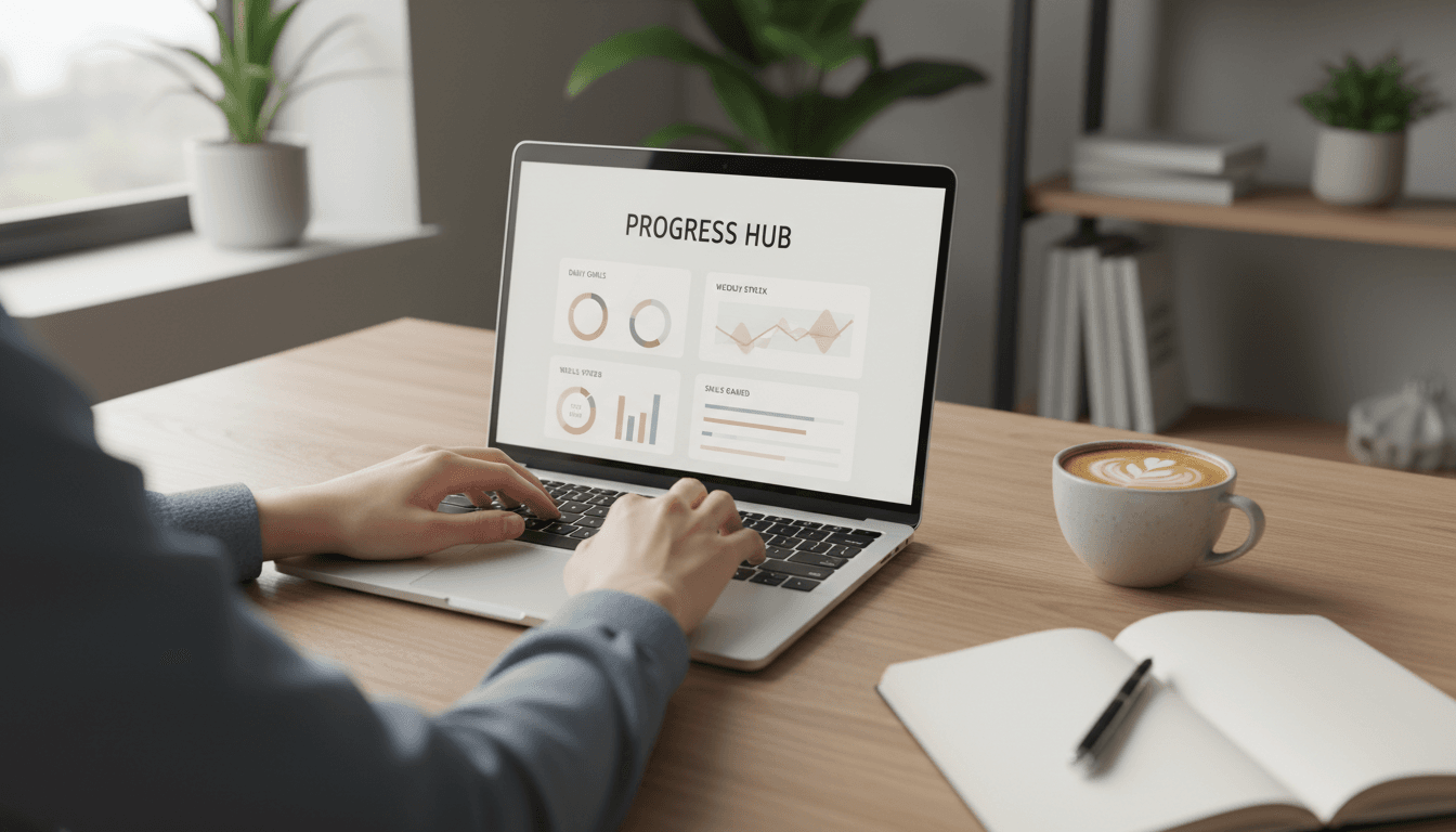 Individual at workspace with laptop and notepad in modern home office with natural light